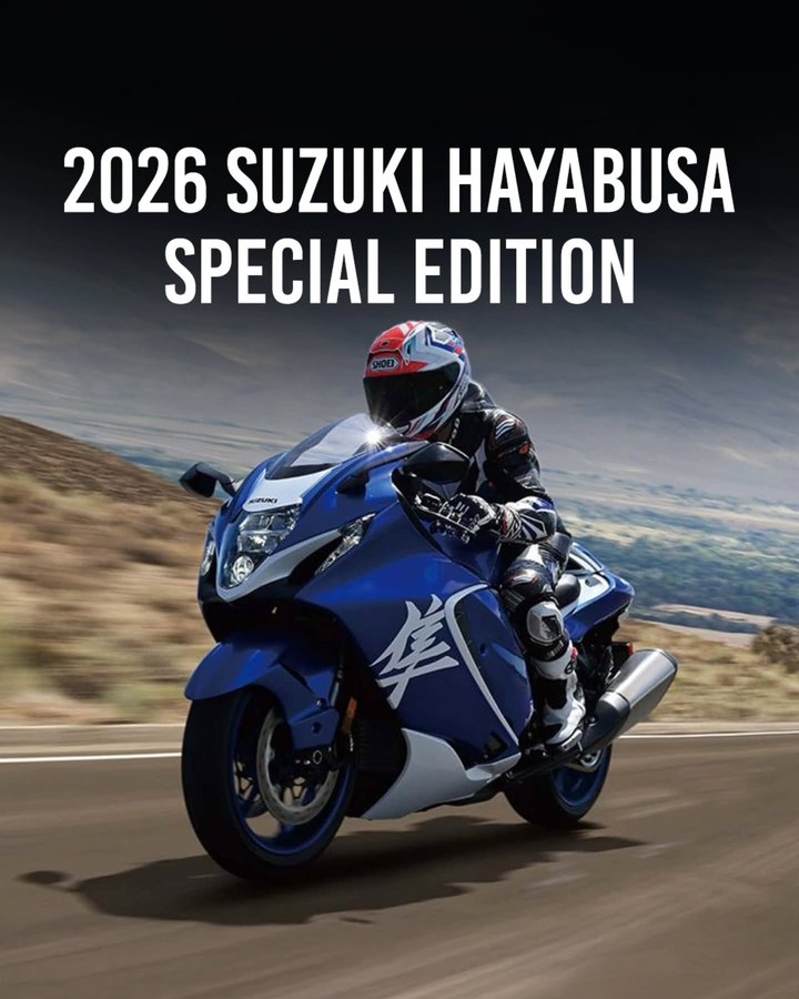 Instagram post by @powerdrift for Suzuki. Caption reads: The 2026 Suzuki Hayabusa isn’t getting major....