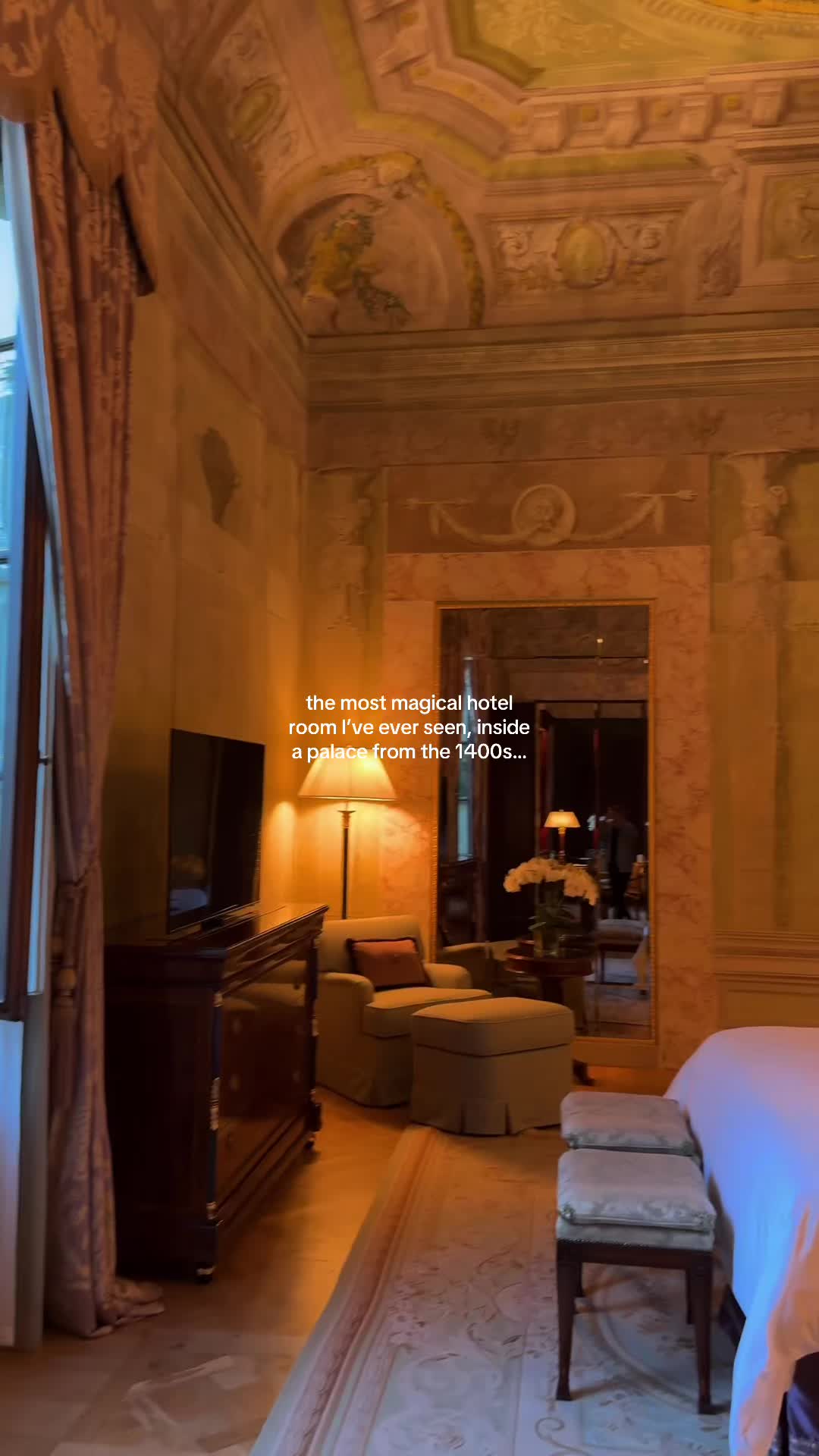 TikTok post by @elenaajoyce for Four Seasons. Caption reads: Pov: you’re sleeping over in a royal palace 😭....