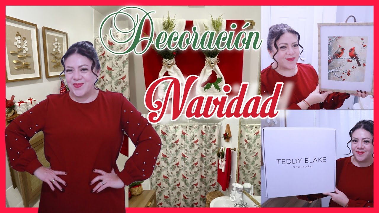 YouTube post by @LaCruzTV for Teddy Blake. Caption reads: Decoracion navidad/Ideas para baños pequeños..
