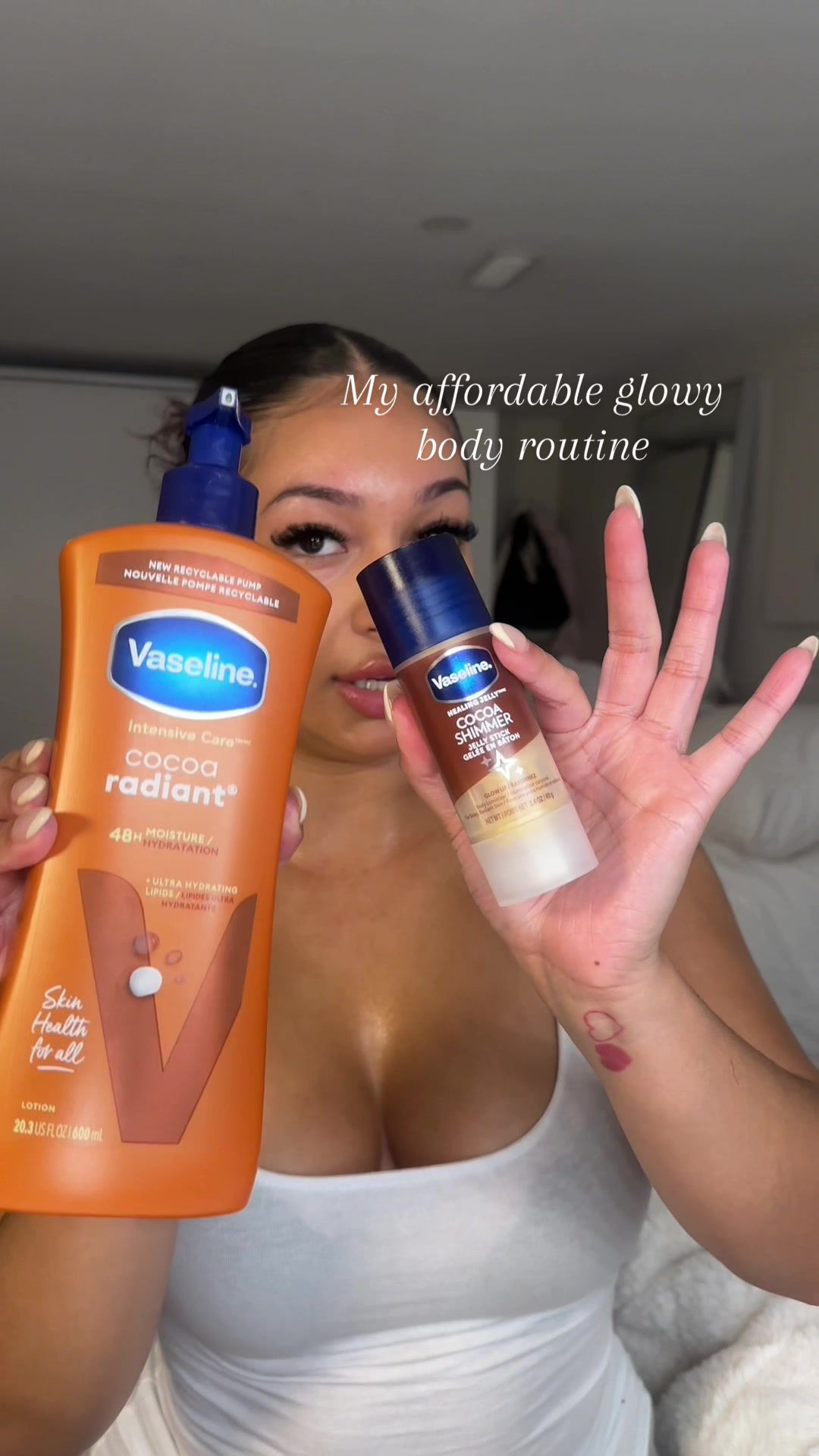 TikTok post by @tanya.reyess for Shoppers Drug Mart. Caption reads: I love a good affordable body glow routine🌟....