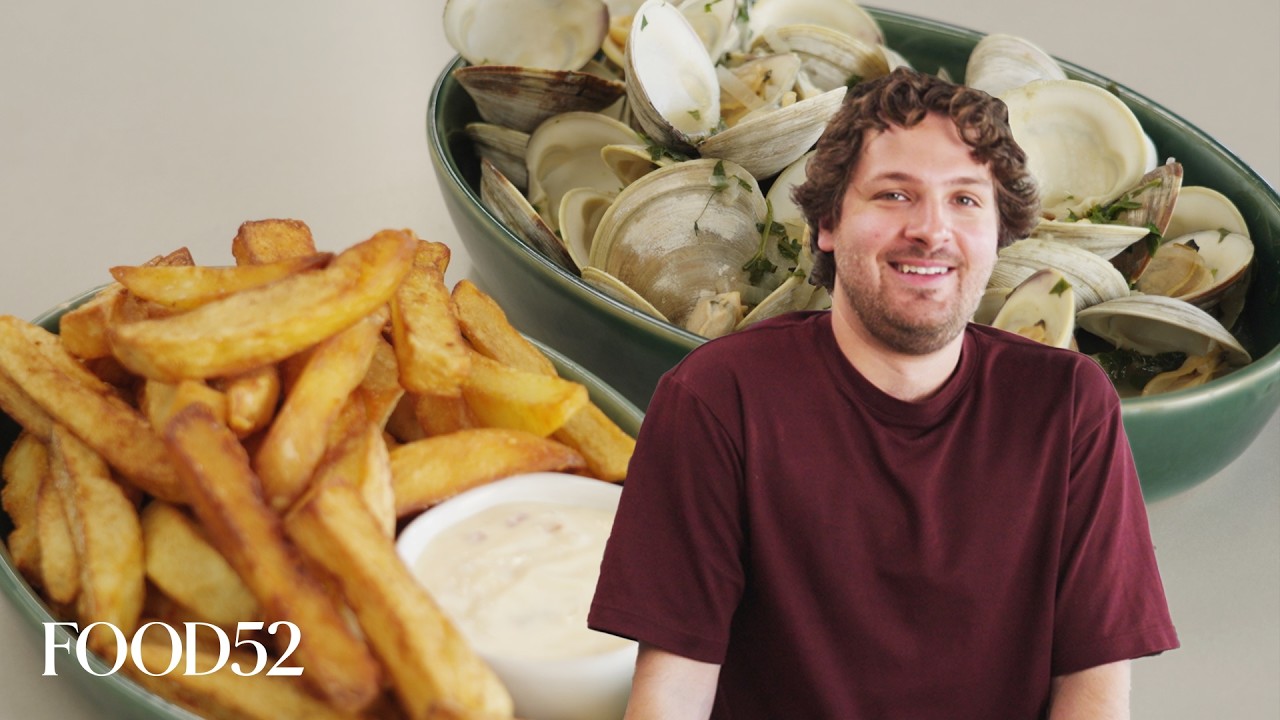 YouTube post by @food52 for Food52. Caption reads: The Best Clam Frites | Recipe Drop | Food52 +....
