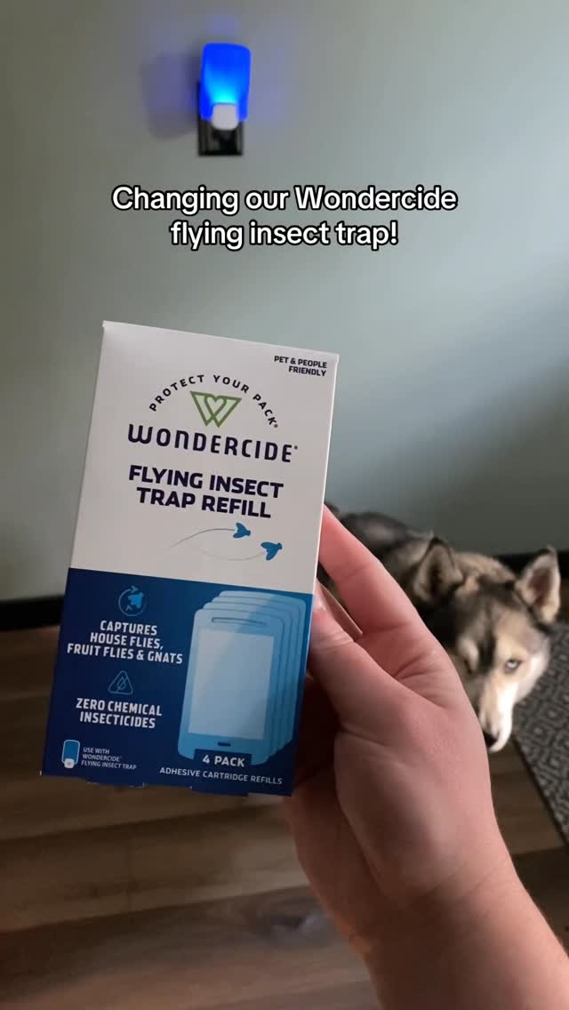 Instagram post by @naturalstatehuskies for Wondercide. Caption reads: Changing our @wondercide flying insect trap! 🪰....