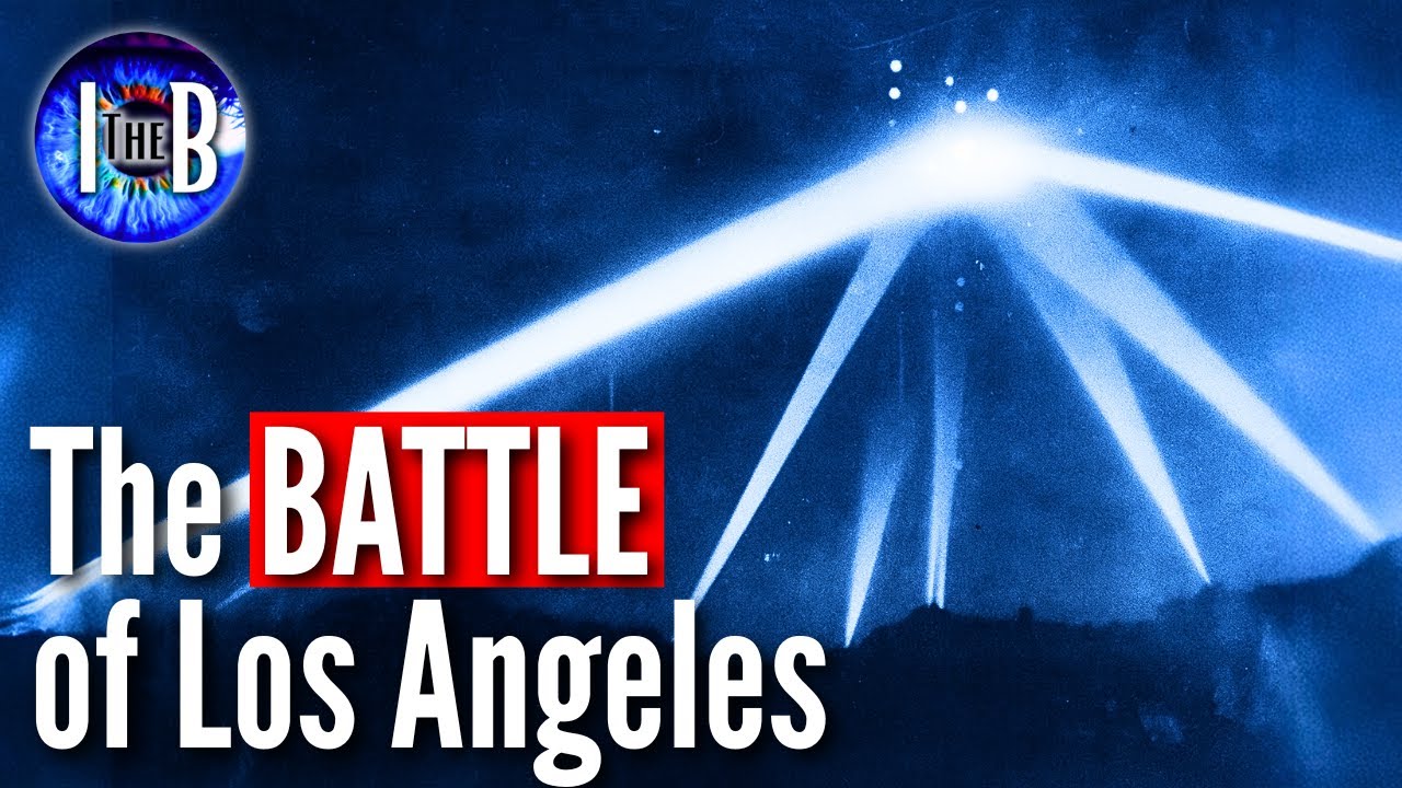 YouTube post by @TheInBetweenTales for Podbean. Caption reads: Battle of Los Angeles: The 1942 Attack They Can't....