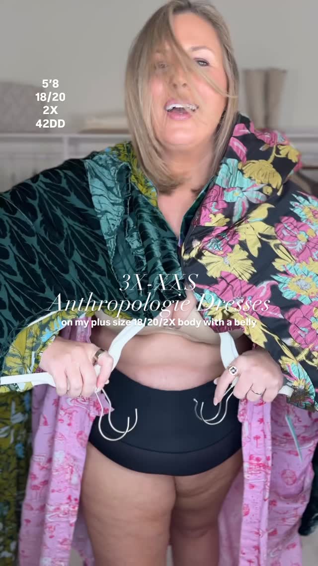 Instagram post by @ashley_dorough for Anthropologie. Caption reads: ✨3X-XXS✨Belly babes! Today I’m trying....