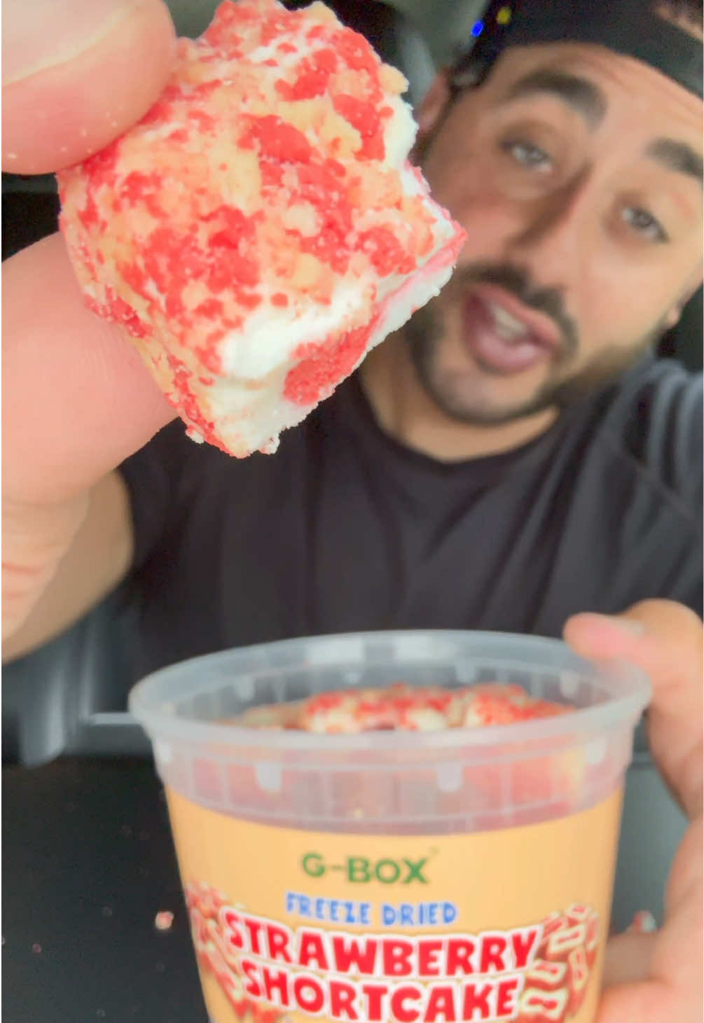 TikTok post by @stevesfeedback for G-Box Freeze Dried Candy. Caption reads: [...] #cake #freezedried #bits @G-Box Freeze Dried....