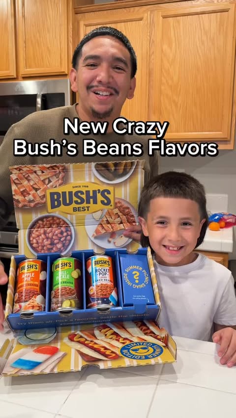 Instagram post by @dreamchaserrube for Bush's Beans. Caption reads: Father & Son try @bushsbeans new crazy flavors....