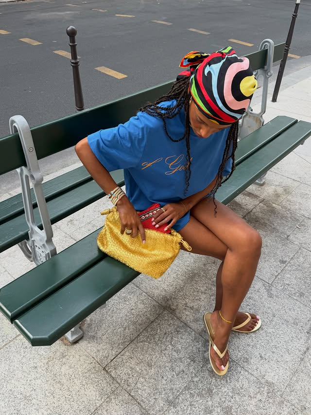 Instagram post by @mv.tiangue for APM Monaco. Caption reads: cool girls match their @apmmonaco stack with the....