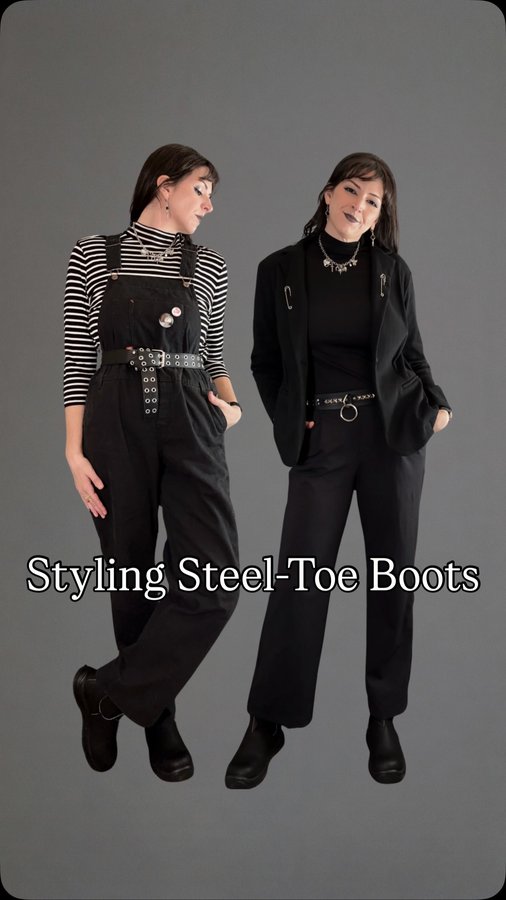 Instagram post by @rewirediaries for Blundstone. Caption reads: Steel-toe boots from @blundstoneusa styled 2....