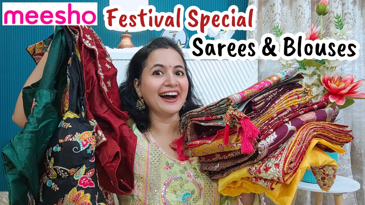 YouTube post by @NeemasTalk for Wishlink. Caption reads: Meesho Saree & Blouses Haul 😍 | Georgette,....