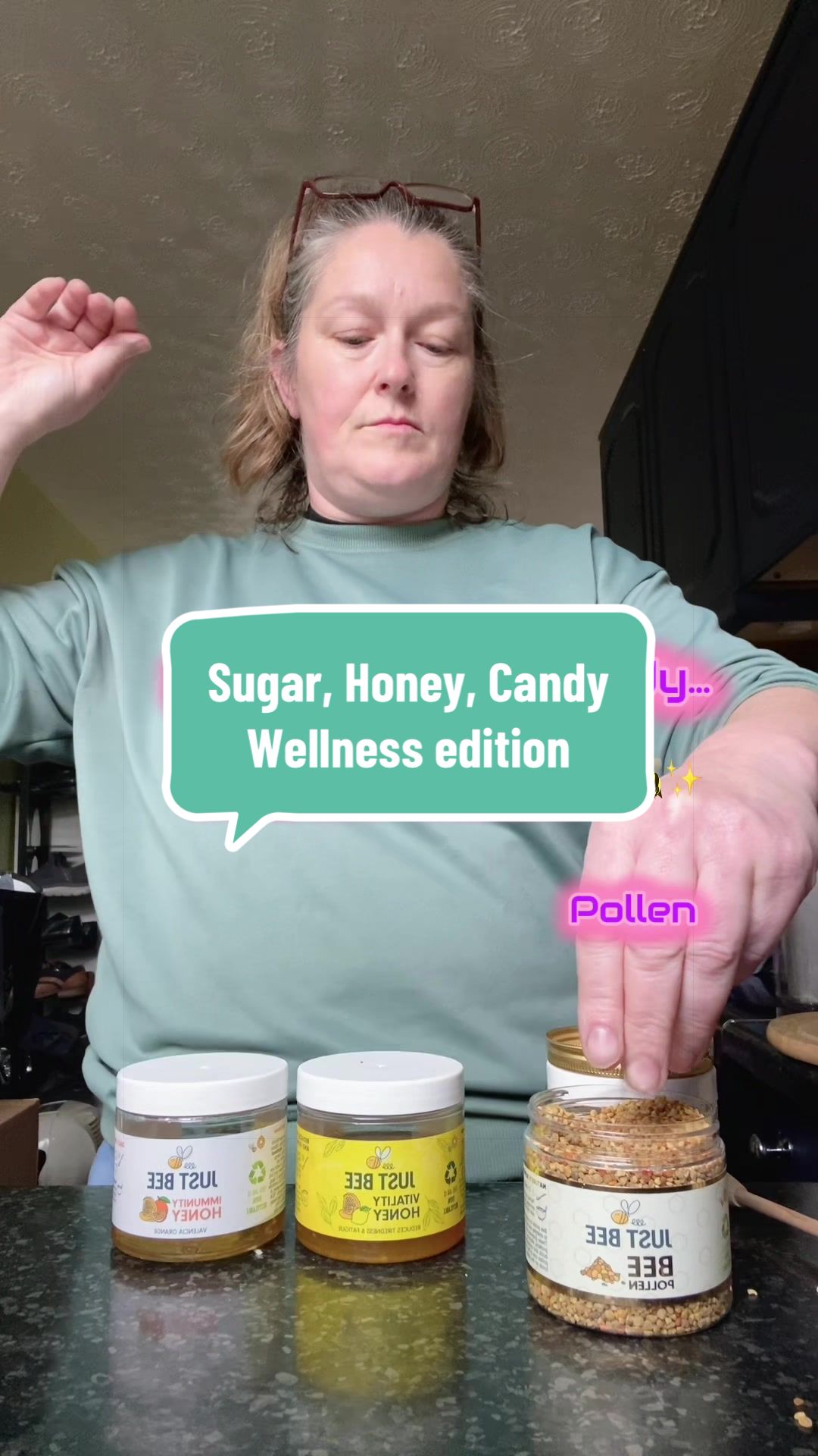 TikTok post by @thebalancedmumpreneur for Just Bee Honey. Caption reads: Honey, Suagr, Candy @Just Bee Honey wellness....
