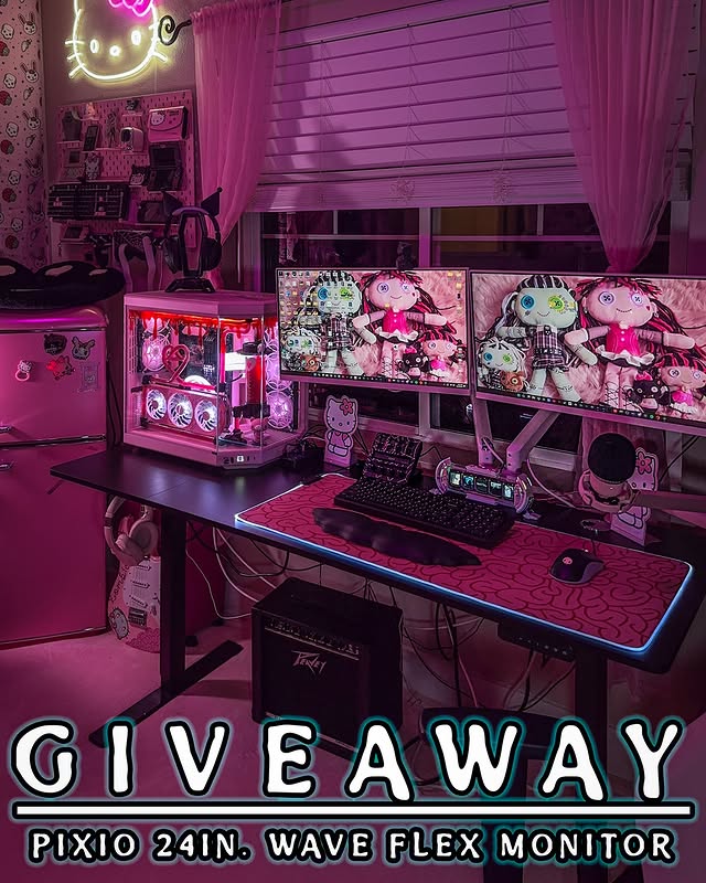 Instagram post by @v4mpire.doll for Pixio Gaming. Caption reads: GIVEAWAY 🖥️✨ with @pixiogaming 🫶🏻 good luck....