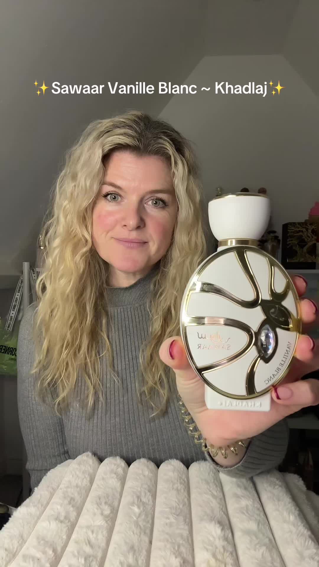 TikTok post by @lisafragrances for French Arabian Perfumes. Caption reads: ✨Sawaar Vanille Blanc ~ Khadlaj✨ Just stunning!....