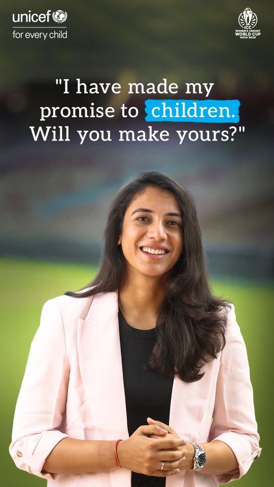 Instagram post by @smriti_mandhana for UNICEF. Caption reads: A missed opportunity for a child today is a lost....