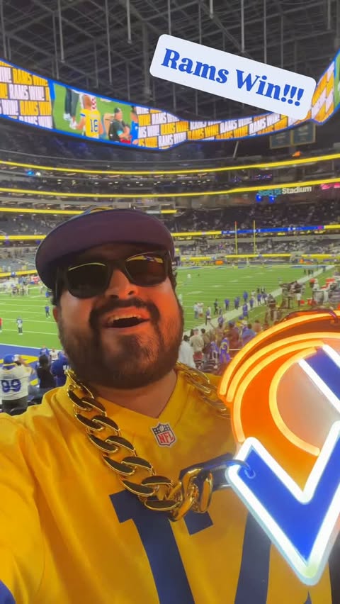 Instagram post by @theladodgerdog for Fanatics. Caption reads: Rams Win!! Thank you to @fanatics for my @rams....