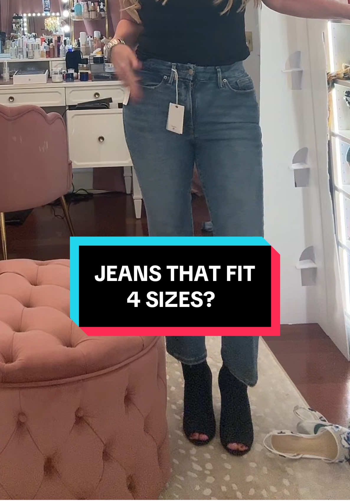 TikTok post by @cristina.noh for GOOD AMERICAN. Caption reads: @GOOD AMERICAN fits 4 sizes jeans #jeansoutfit....
