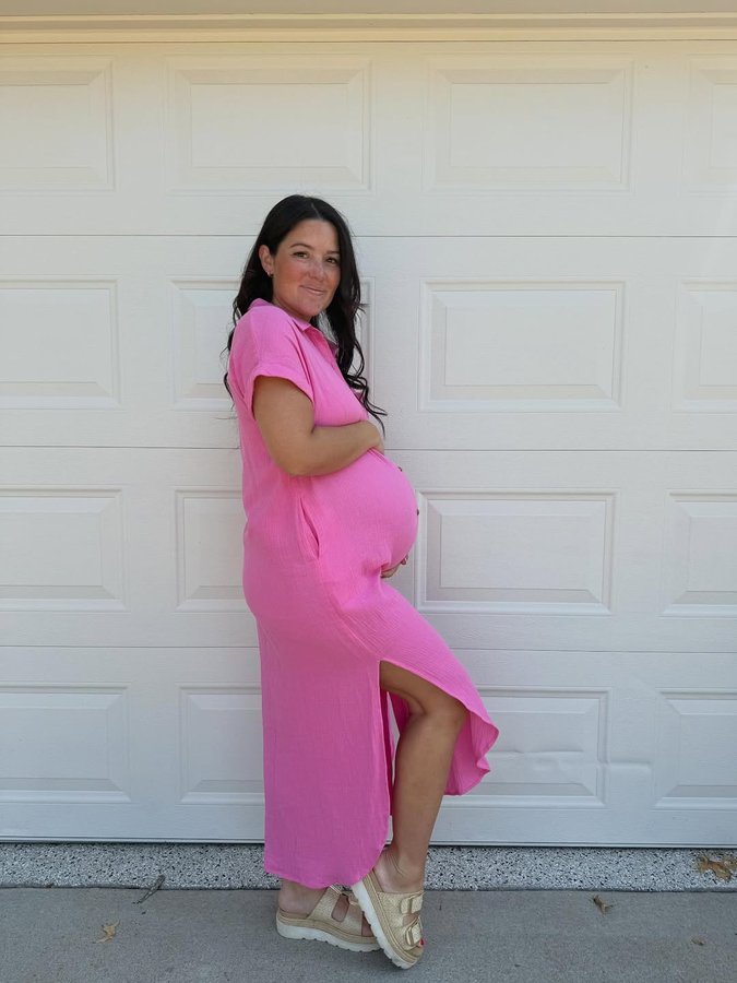 Instagram post by @wearedanandsam for PinkBlush Maternity. Caption reads: 32 weeks and it feels SO weird wearing pink....