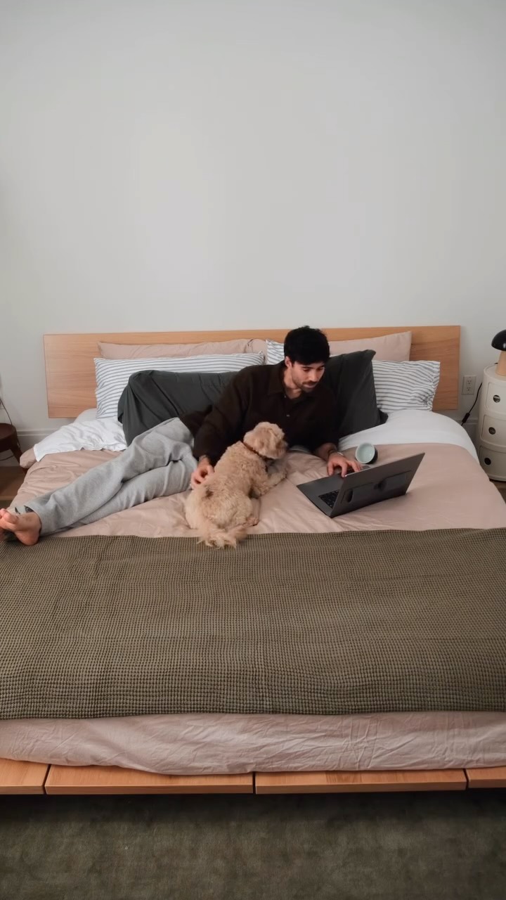 Instagram post by @imdanielsimmons for Brooklinen. Caption reads: Bedroom reset for fall 🍂 Best in bed with....