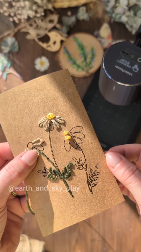 Instagram post by @earth_and_sky_play for LaserPecker. Caption reads: Ad| in collaboration with @laserpecker.eu Sewing &....