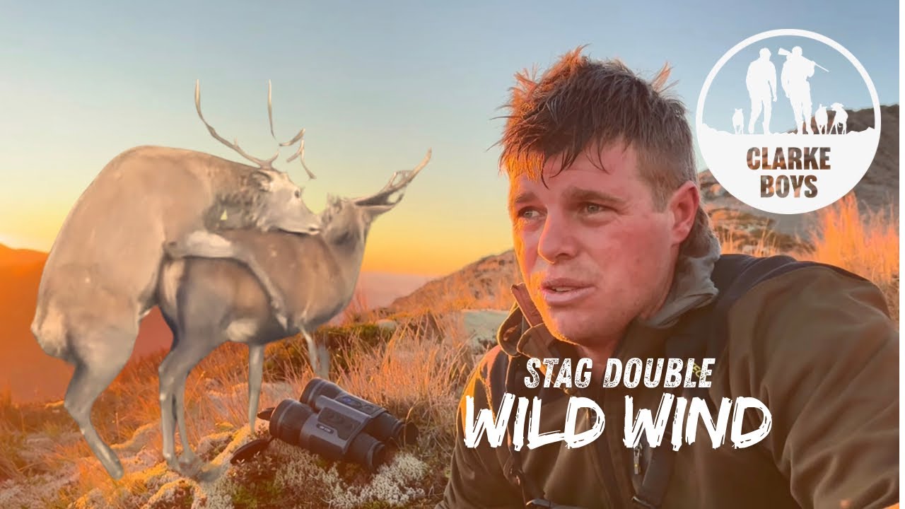 YouTube post by @clarkeboyshunting for Huntech Outdoors. Caption reads: BLASTED by the Wind but we scored TWO red stags in....