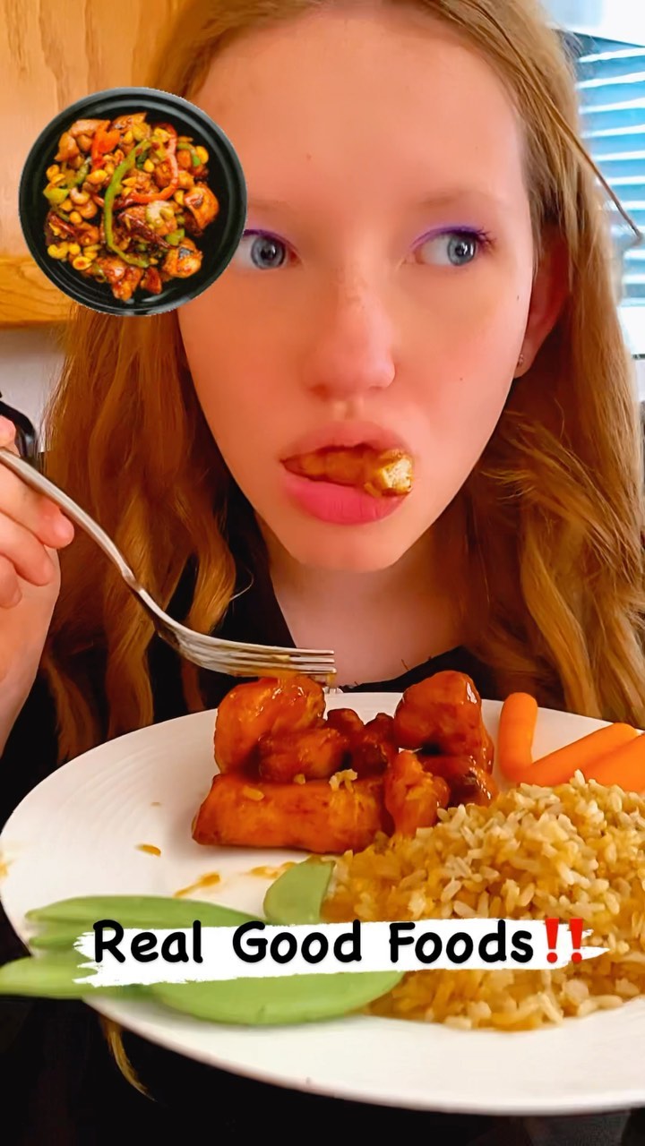 Instagram post by @sashvladas for Real Good Foods. Caption reads: OMG @realgoodfoods  orange chicken‼️
Low....