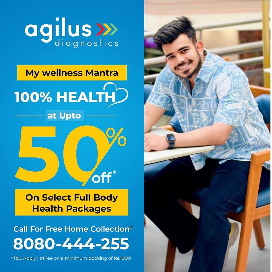 Instagram post by @abhisheksharma.2944 for Agilus Diagnostics. Caption reads: #AD Unlock 100% health with Agilus Diagnostics! 🩺....