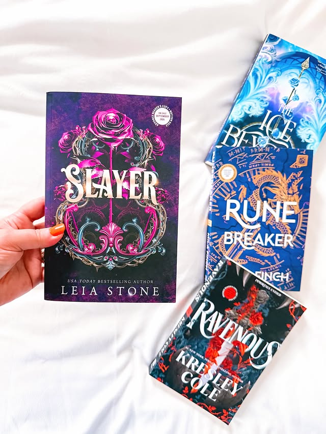Instagram post by @elle.g.reads for Bloom Books. Caption reads: N E W • R E L E A S E Slayer by Leia Stone is....