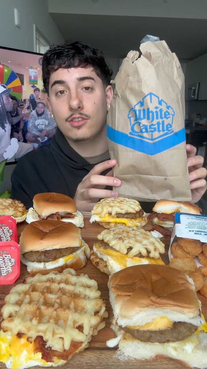 Instagram post by @blakesmunchies for White Castle. Caption reads: Trying @whitecastle breakfast For First Time! 🤯🔥....