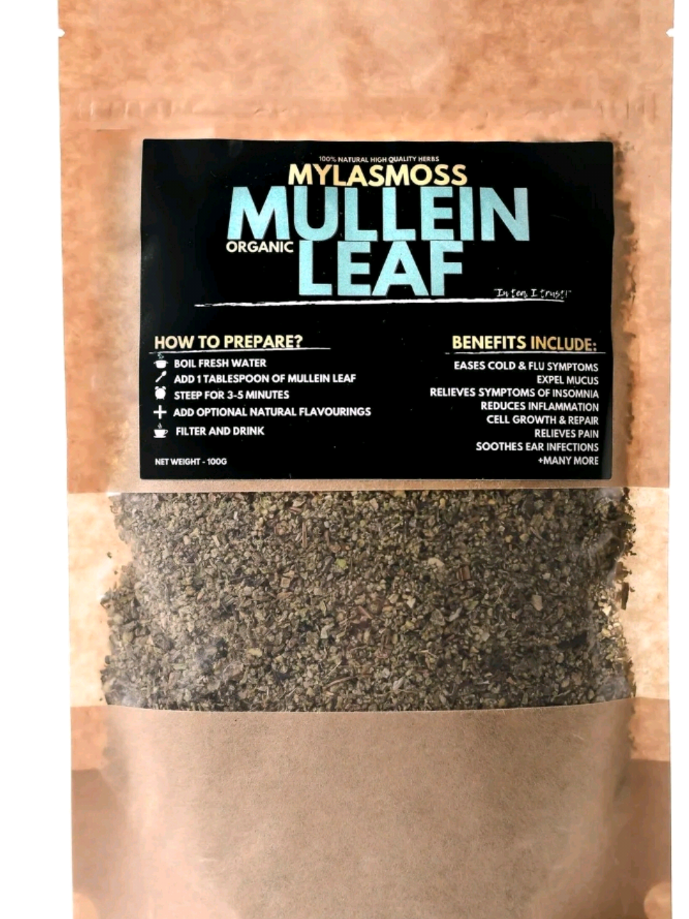TikTok post by @wiseguysdeals for Myla's Moss. Caption reads: [...] ritual. 🛒 ​#mulleinleaf #herbaltea....