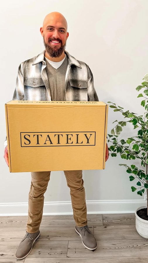 Instagram post by @surratt_holly for Stately. Caption reads: Just got a personalized box from @stately_men for....