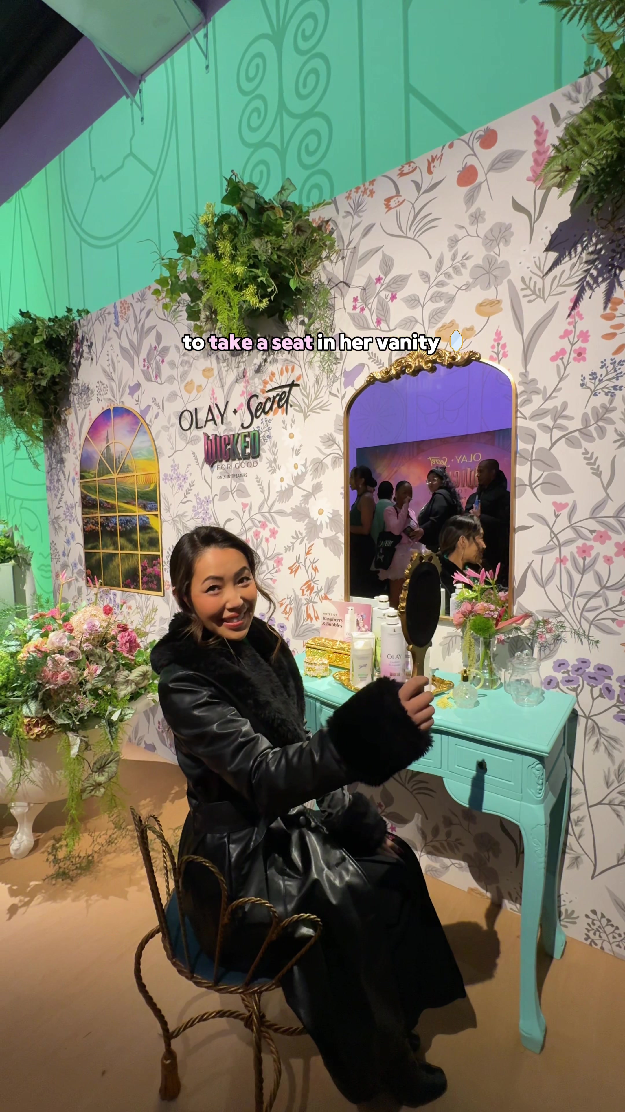 TikTok post by @explorewithdasom for OLAY. Caption reads: *OPENS TODAY $0 Wicked shop in nyc? 🧙🏻‍♀️🪄....