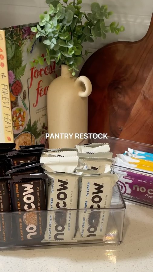 Instagram post by @cookinwithhalle for No Cow. Caption reads: [...] pantry restock! I love to restock on my No....