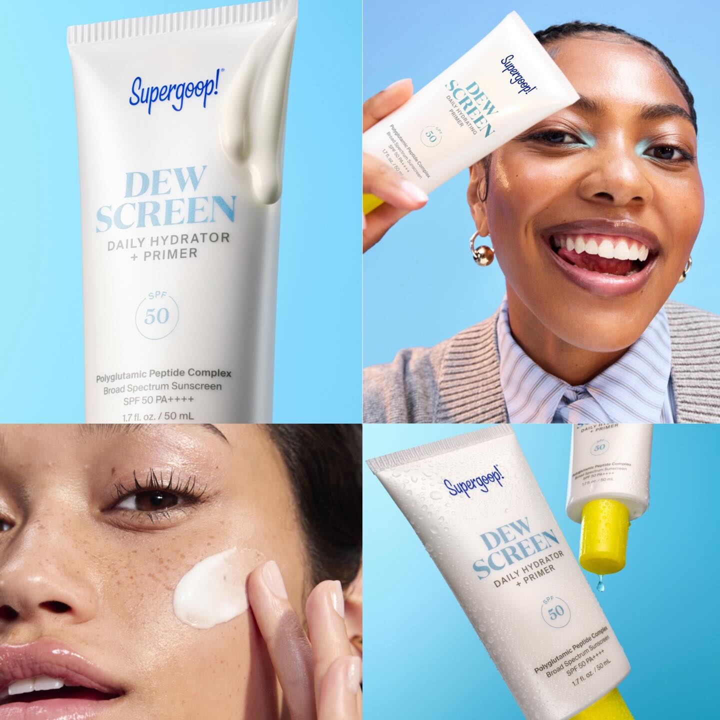 Instagram post by @trendmood1 for Supergoop. Caption reads: [...] NEW! Dewscreen Hydrating Primer SPF 50 ☀️✨by....