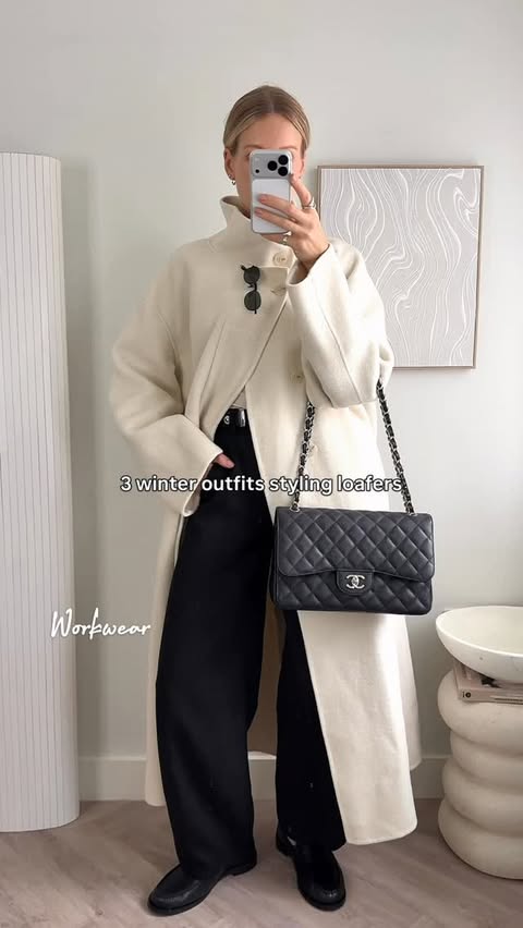 Instagram post by @charlottebuttrick for ZARA. Caption reads: Leather loafers 3 ways 🤎
Realistic winter outfits....