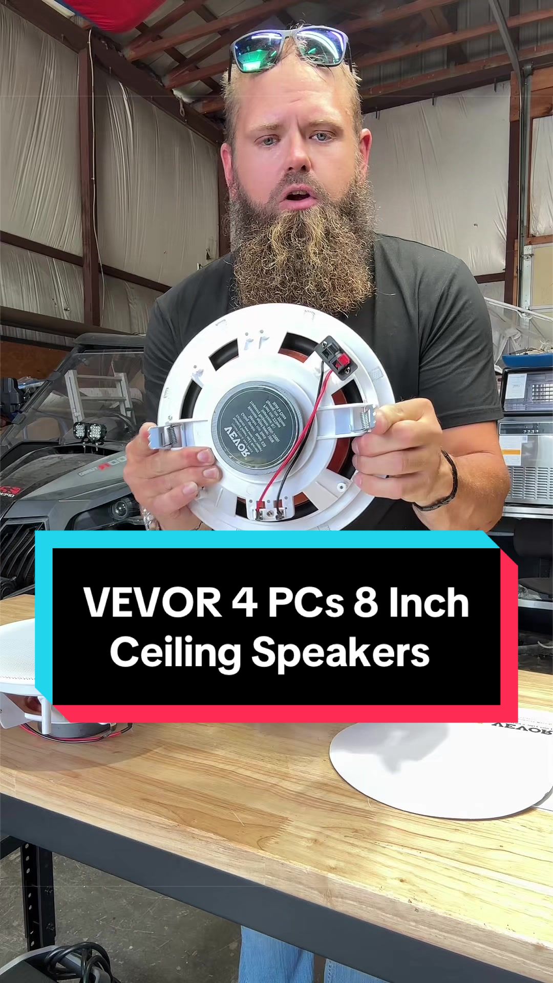 TikTok post by @hardwick_606 for VEVOR US. Caption reads: #speakers #ceilingspeakers #vevor #summerfinds....