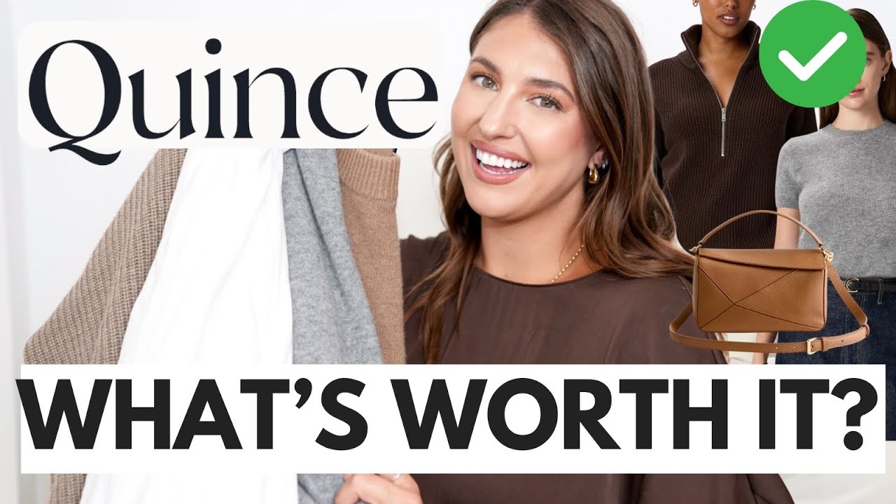 YouTube post by @DanaBerez for Poshmark. Caption reads: ULTIMATE Quince Shopping Guide 🛍️ I Wore Quince....