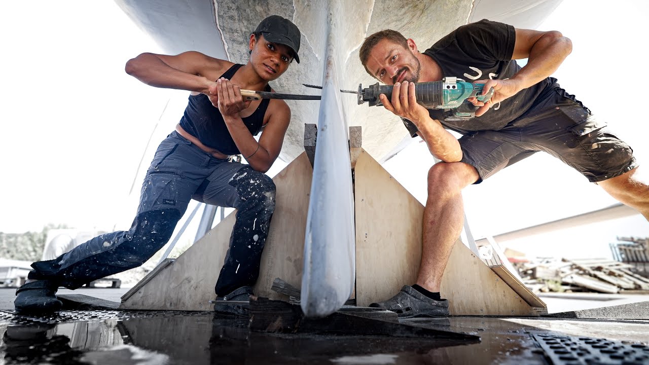 YouTube post by @SailingUma for Saily. Caption reads: We're Cutting Off our Keel (Part 2) | Step 449.