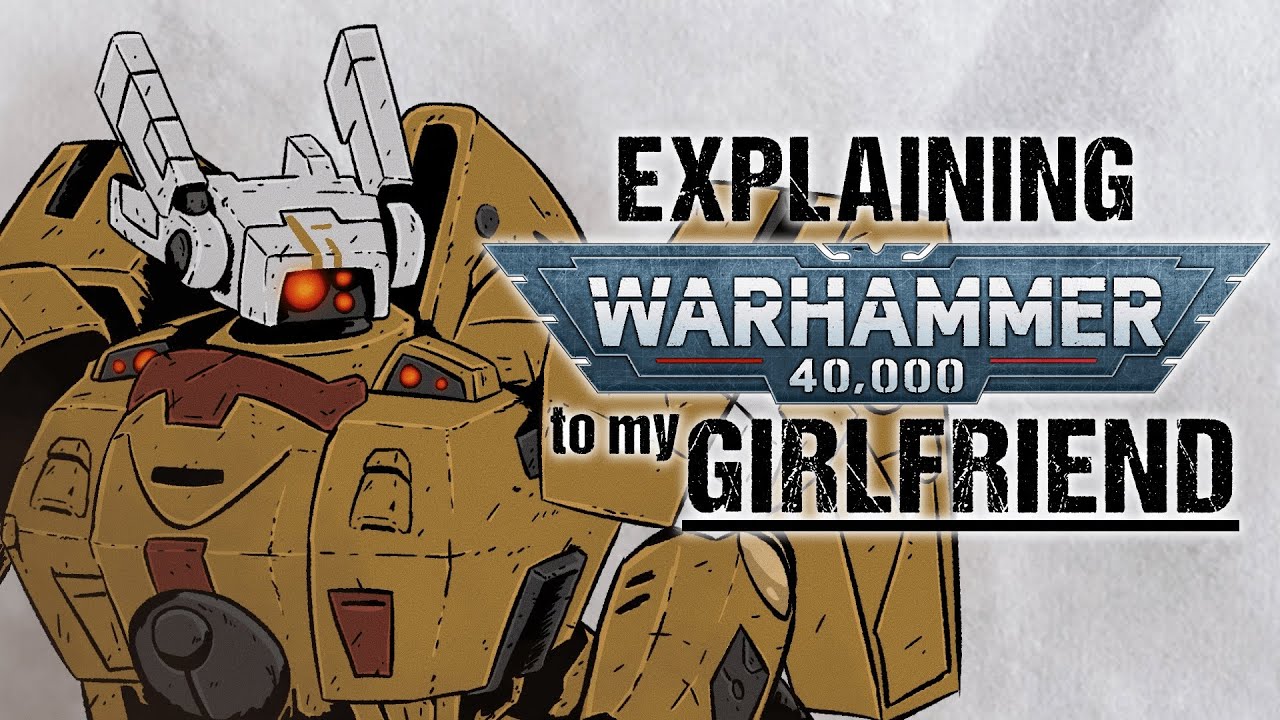 YouTube post by @NUMBSKULLS for AdamAndEve.com. Caption reads: Explaining T'AU To My Girlfriend | Warhammer 40k....