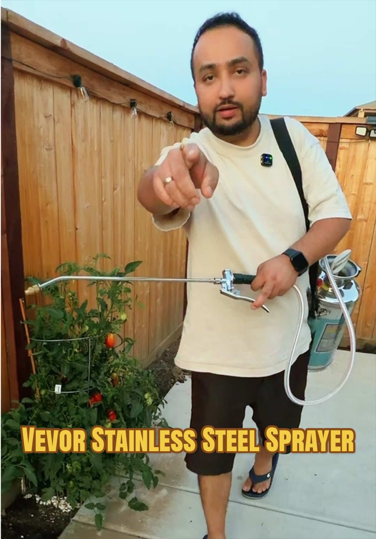 TikTok post by @roshan.sushmita for Vevor Outdoor Store US. Caption reads: If you need a versatile sprayer for your outdoor....