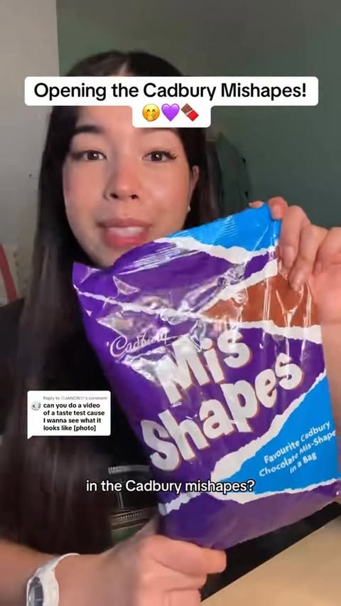 Instagram post by @angelina.pj for Cadbury. Caption reads: WHAT WILL I GET IN THE CADBURY MISHAPES?!!🤭💜....