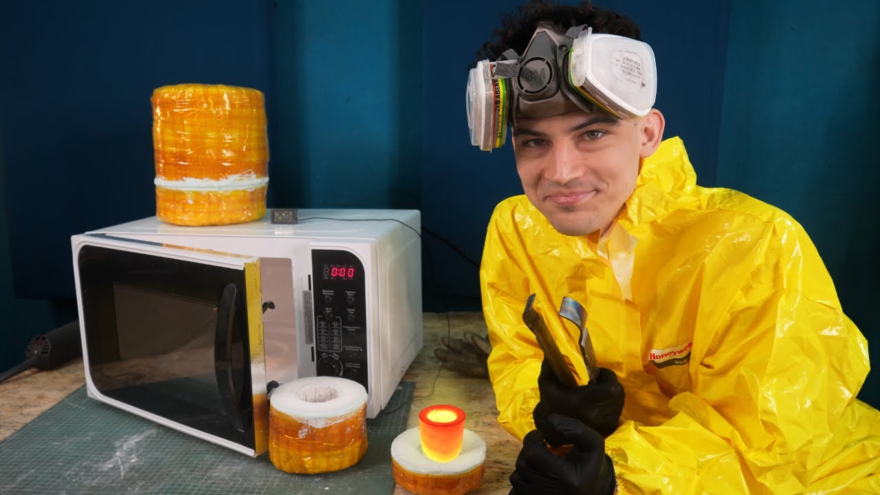 YouTube post by @kamilkonstruktor for Goldsaver. Caption reads: Melting metal in a MICROWAVE OVEN.