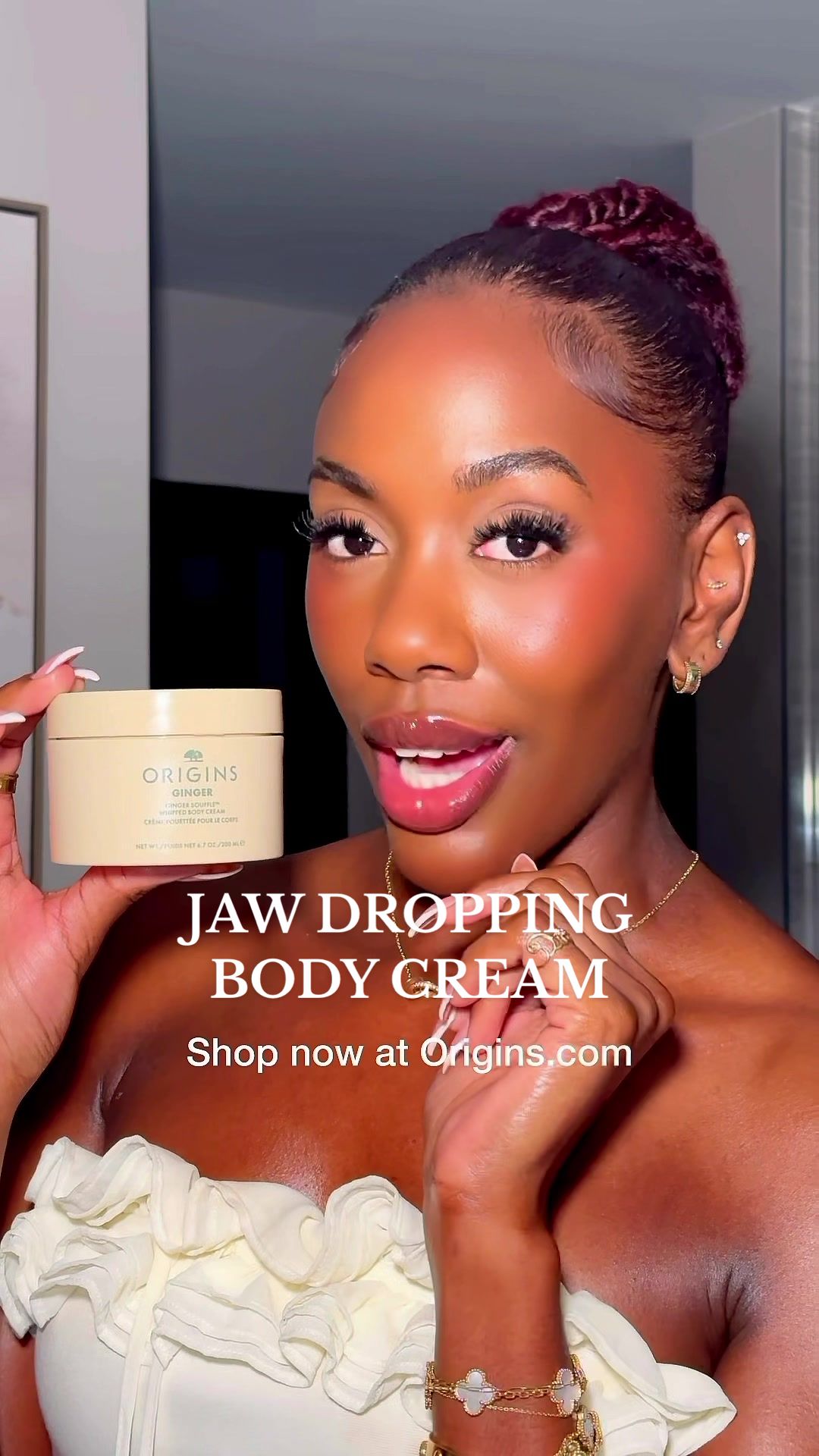 TikTok post by @beingcrystalnicolee for Origins. Caption reads: The @Origins Skincare Ginger Soufflé Whipped Body....