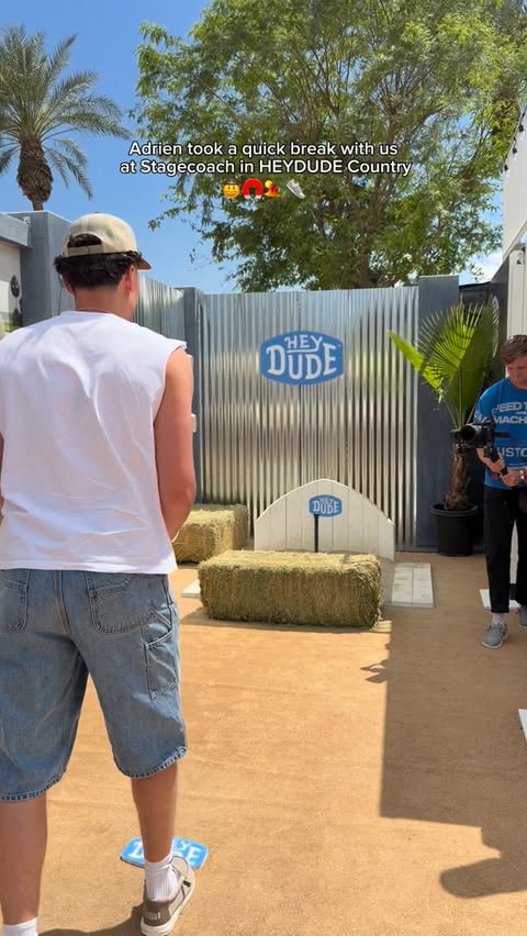 Instagram post by @adriennunez for HEYDUDE. Caption reads: Had to take a break @heydude in between sets....