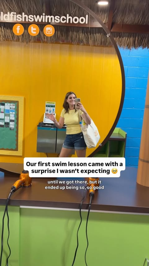 Instagram post by @feliciaaquilo for Goldfish Swim School. Caption reads: [...] First up is swim lessons at....