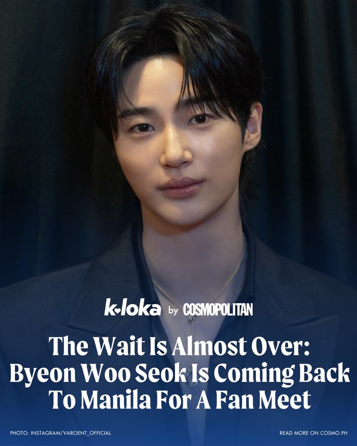 Instagram post by @kloka_ph for Cosmopolitan. Caption reads: We're not dreaming—#ByeonWooSeok is really coming....