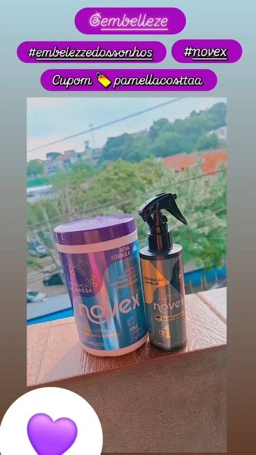 Instagram post by @pamellacosttaa for Embelleze. Caption reads: #embellezedossonhos #novex 💜.