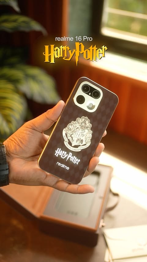 Instagram post by @technovaibhav for realme. Caption reads: realme 16 Pro Harry Potter Edition ⚡🪄 [...].