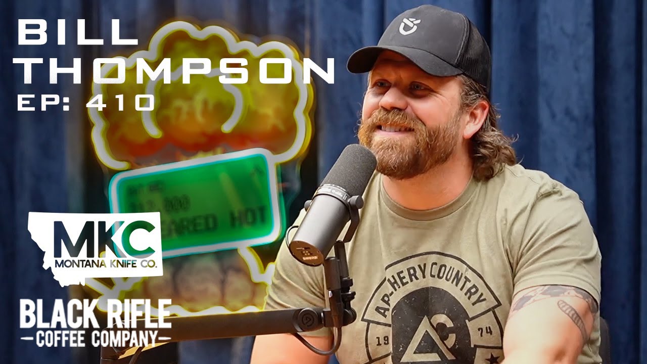 YouTube post by @ClearedHotPodcast for Montana Knife Company. Caption reads: Episode 411 - Bill Thompson - Special Mission....
