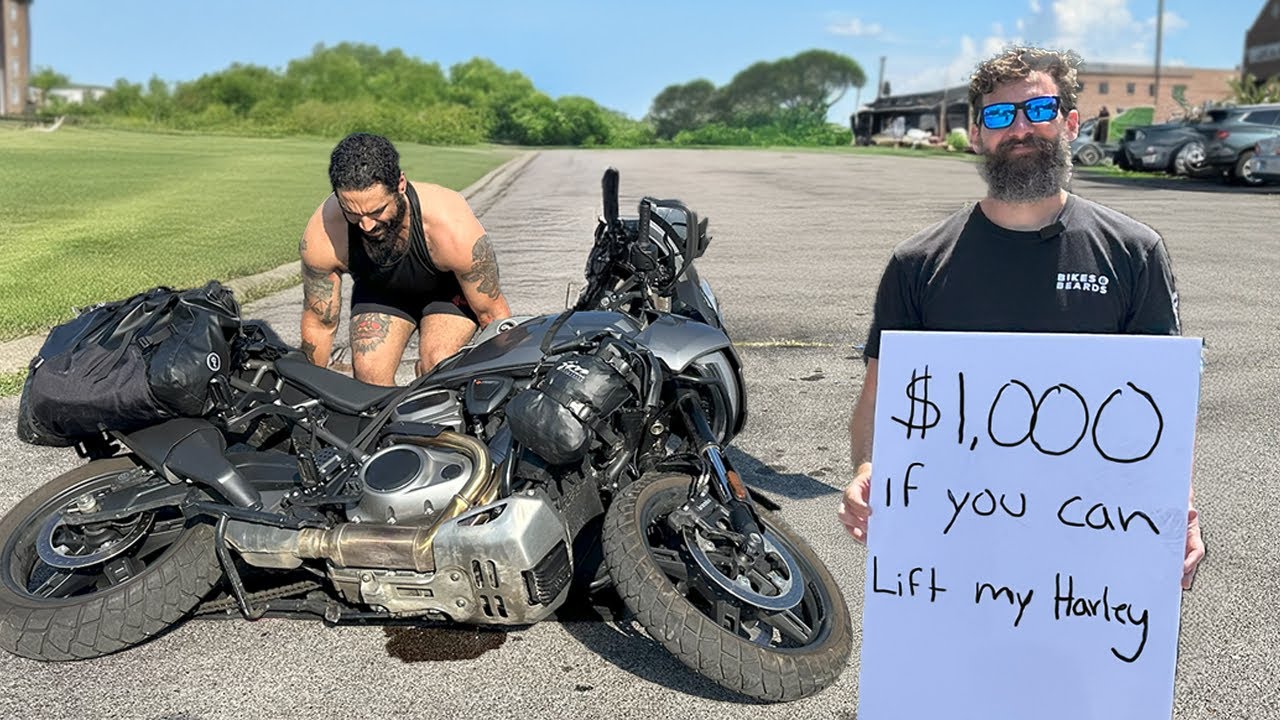 YouTube post by @BikesandBeards for Chomps. Caption reads: Can anyone Lift my 1,200 lb Harley Motorcycle?.