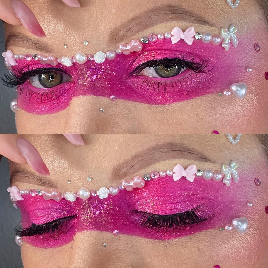 Instagram post by @justynabanecka for Eylure. Caption reads: Pink makeup 🩷 🩷🩷🩷🩷🩷🩷 Pls tag @miyo_makeup_....