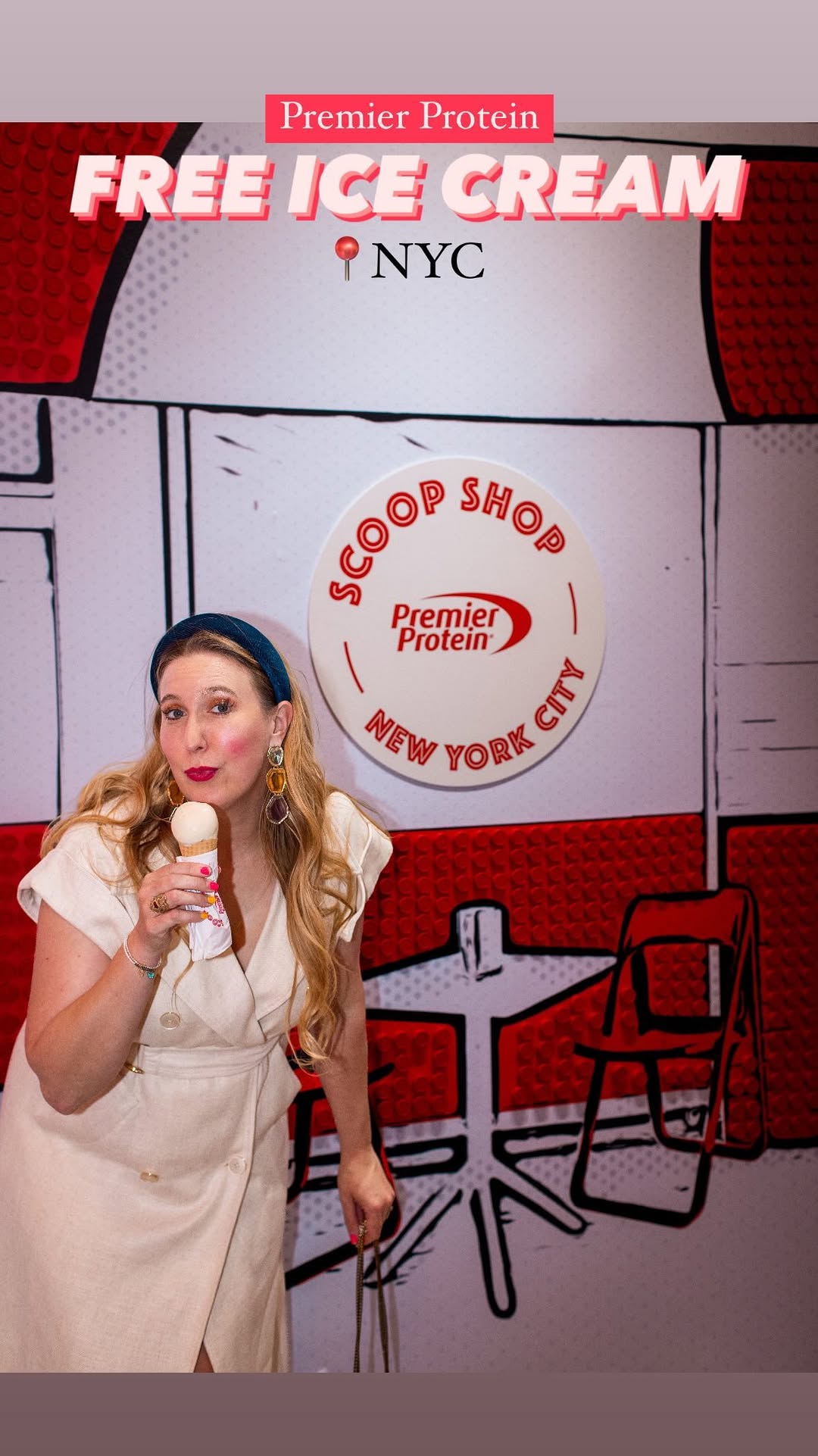 Instagram post by @lighttravelsfaster for Premier Protein. Caption reads: 🍦FREE ICE CREAM IN NYC! Hey New Yorkers, you can....